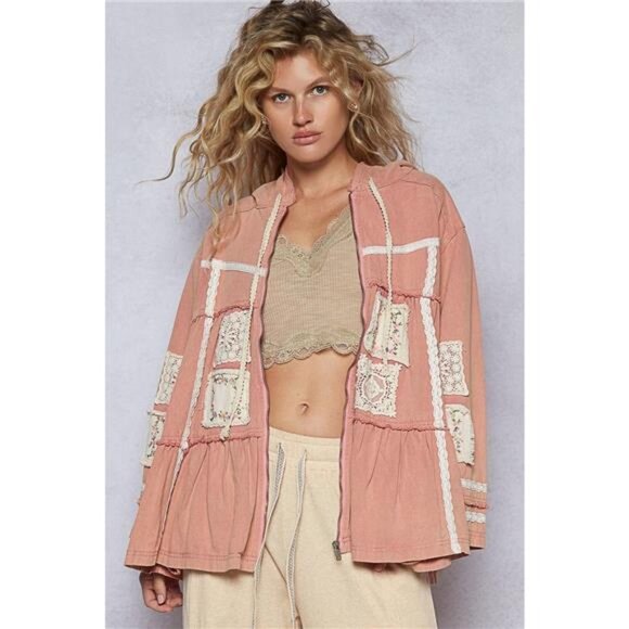 POL Jackets & Blazers - POL Embroidered Patch Hooded‎ Jacket with Lace Detail